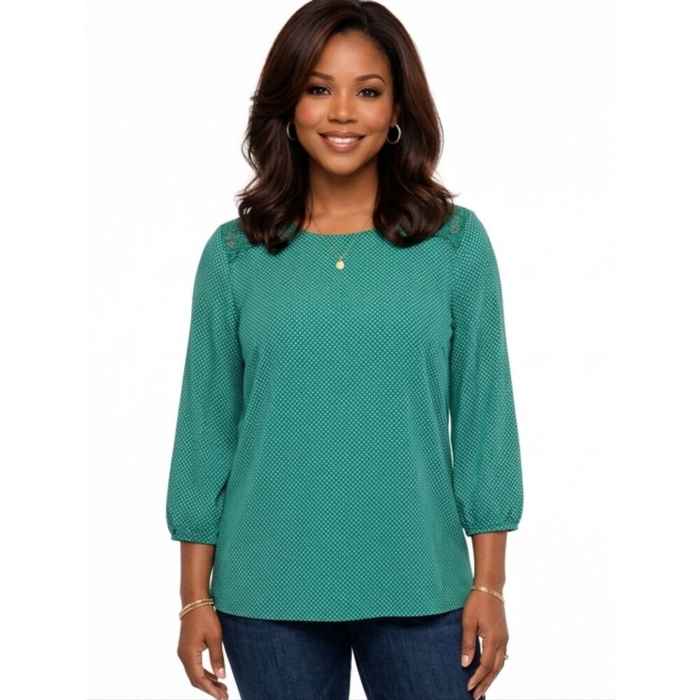 Adrianna Papell Green With White Polka Dot 3/4 Sleeve Blouse Size 1X